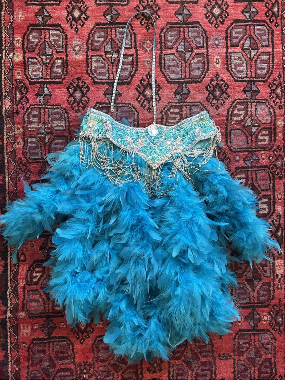 Vintage Vegas Showgirl Feather Bustle Belt Turquoise Beaded Burlesque M/L